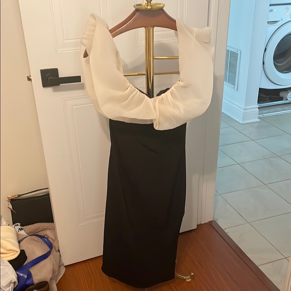 Black and Cream Ruched Off the Shoulder Cocktail Dress